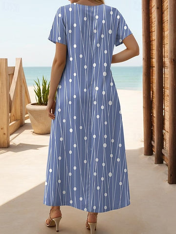 Damska sukienka casualowa z krótkim rękawem i rozcięciem, długa sukienka letnia