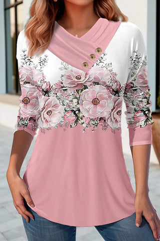 Damska koszula w kwiatowy patchwork z nieregularnym nadrukiem, długim rękawem i dekoltem w kształcie litery V