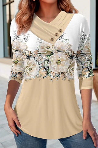 Damska koszula w kwiatowy patchwork z nieregularnym nadrukiem, długim rękawem i dekoltem w kształcie litery V